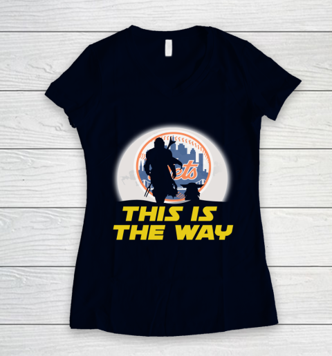 New York Mets MLB Baseball Star Wars Yoda And Mandalorian This Is The Way Women's V-Neck T-Shirt 2