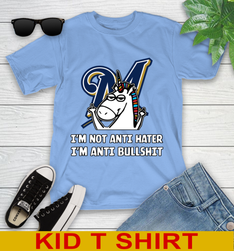 Milwaukee Brewers MLB Baseball Unicorn I'm Not Anti Hater I'm Anti Bullshit Youth T-Shirt 11