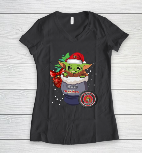 Ottawa Senators Christmas Baby Yoda Star Wars Funny Happy NHL Women's V-Neck T-Shirt 8