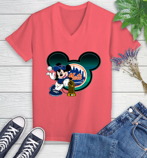 MLB New York Mets The Commissioner's Trophy Mickey Mouse Disney Women's V-Neck T-Shirt 6
