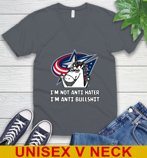 Columbus Blue Jackets NHL Hockey Unicorn I'm Not Anti Hater I'm Anti Bullshit V-Neck T-Shirt 5