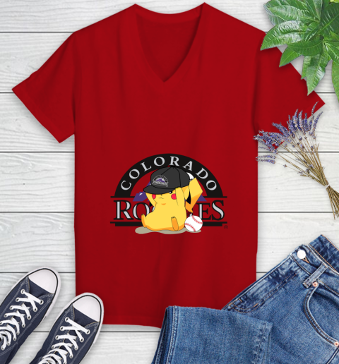 MLB Pikachu Baseball Sports Colorado Rockies Women's V-Neck T-Shirt 12