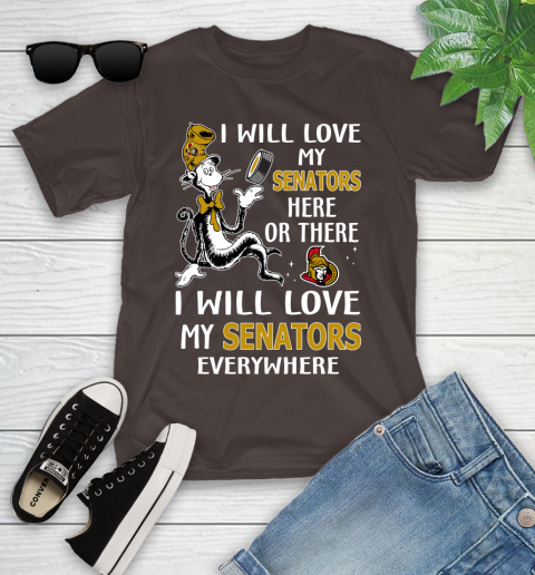 NHL Hockey Ottawa Senators I Will Love My Senators Everywhere Dr Seuss Shirt Youth T-Shirt 6