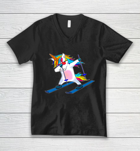 Skiing Unicorn Dabbing Funny Gift V-Neck T-Shirt