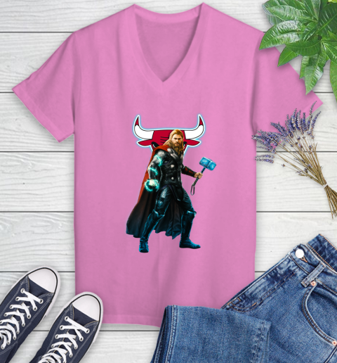 NBA Thor Avengers Endgame Basketball Chicago Bulls Women's V-Neck T-Shirt 14