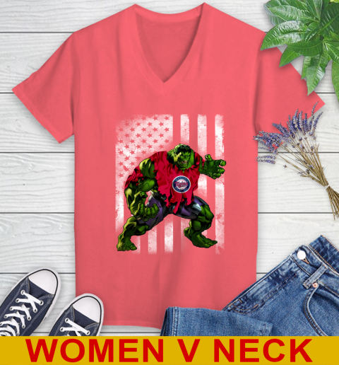 Minnesota Twins Hulk Marvel Avengers MLB Baseball American Flag Women's V-Neck T-Shirt 6