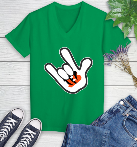 Cincinnati Bengals NFL Football Mickey Rock Hand Disney Women's V-Neck T-Shirt 5