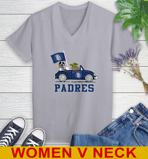 MLB Baseball San Diego Padres Darth Vader Baby Yoda Driving Star Wars Shirt Women's V-Neck T-Shirt 5