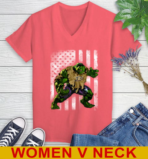 Anaheim Ducks Hulk Marvel Avengers NHL Hockey American Flag Women's V-Neck T-Shirt 6