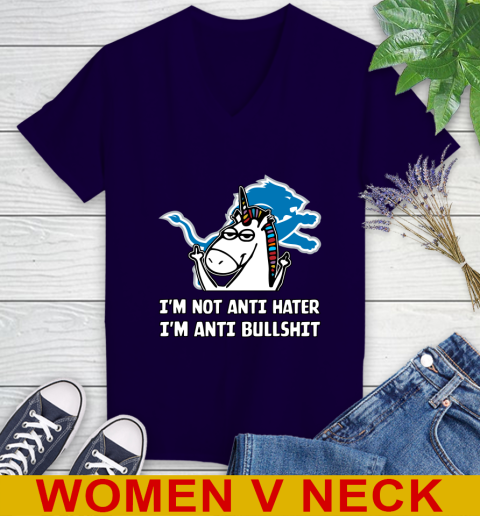 Detroit Lions NFL Football Unicorn I'm Not Anti Hater I'm Anti Bullshit Women's V-Neck T-Shirt 4