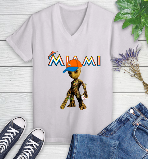 MLB Miami Marlins Groot Guardians Of The Galaxy Baseball Women's V-Neck T-Shirt