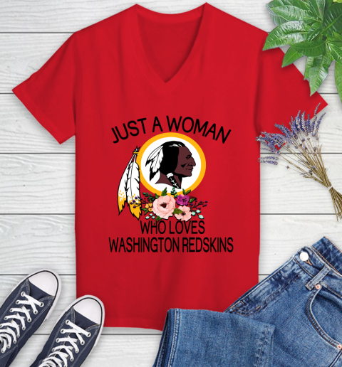 NFL Just A Woman Who Loves Washington Redskins Football Sports Women's V-Neck T-Shirt 7
