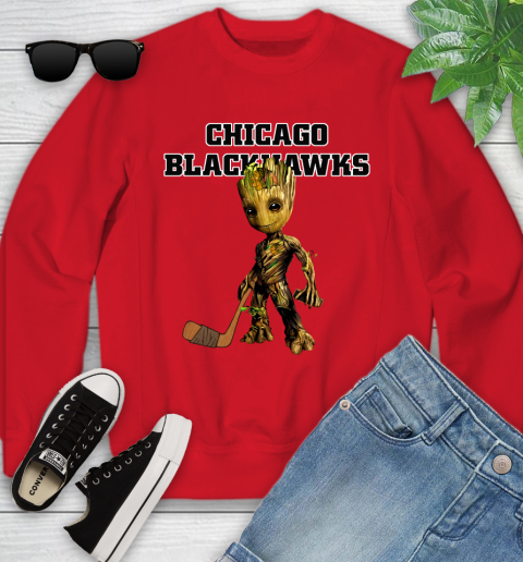 Chicago Blackhawks NHL Hockey Groot Marvel Guardians Of The Galaxy Youth Sweatshirt 9