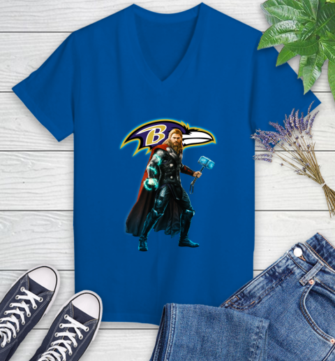 NFL Thor Avengers Endgame Football Baltimore Ravens Women's V-Neck T-Shirt 10