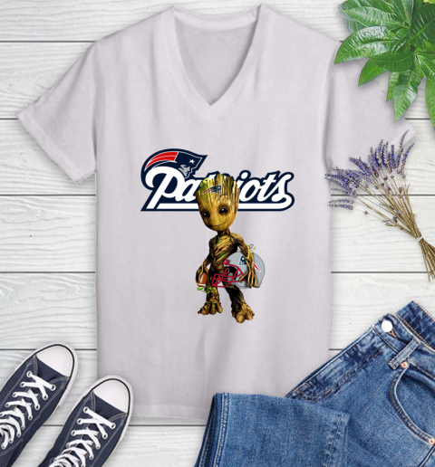 New England Patriots NFL Football Groot Marvel Guardians Of The Galaxy Women's V-Neck T-Shirt