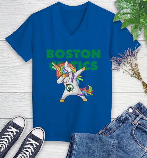 Boston Celtics NBA Basketball Funny Unicorn Dabbing Sports Women's V-Neck T-Shirt 10