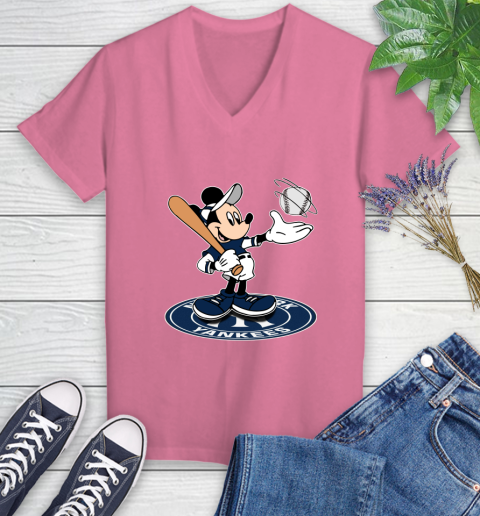 MLB Baseball New York Yankees Cheerful Mickey Disney Shirt Women's V-Neck  T-Shirt