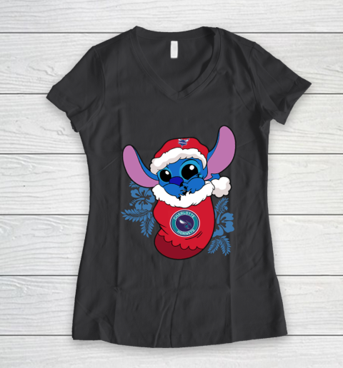 Charlotte Hornets Christmas Stitch In The Sock Funny Disney NBA Women's V-Neck T-Shirt 8
