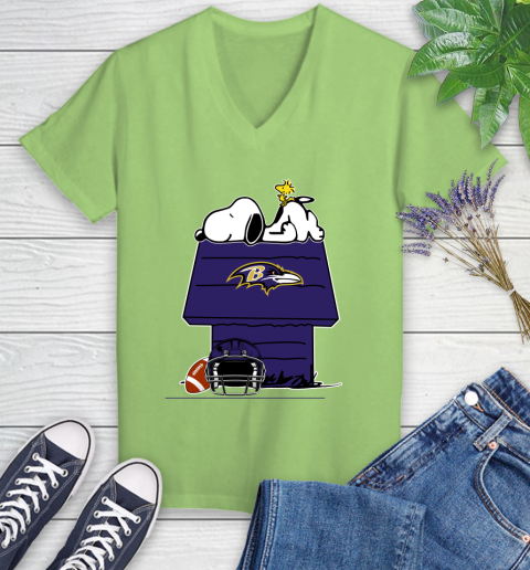 Baltimore Ravens NFL Football Snoopy Woodstock The Peanuts Movie Women's V-Neck T-Shirt 11