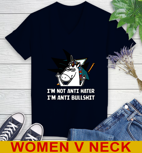 San Jose Sharks NHL Hockey Unicorn I'm Not Anti Hater I'm Anti Bullshit Women's V-Neck T-Shirt 3