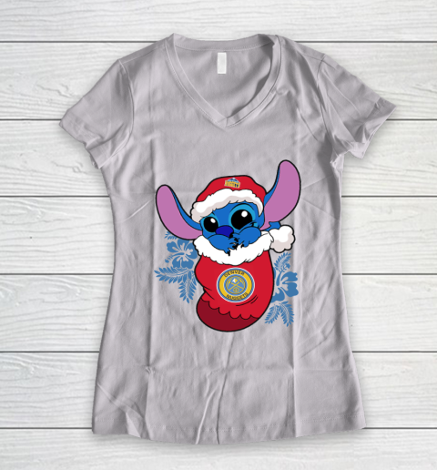 Denver Nuggets Christmas Stitch In The Sock Funny Disney NBA Women's V-Neck T-Shirt 2