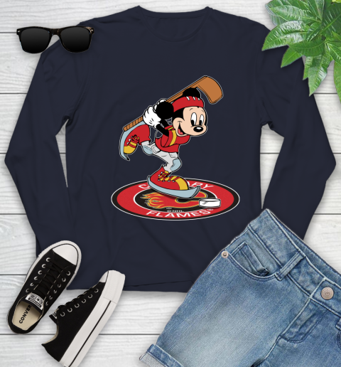 NHL Hockey Calgary Flames Cheerful Mickey Disney Shirt Youth Long Sleeve 3
