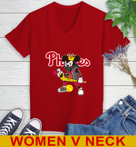 Philadelphia Phillies MLB Baseball Mickey Peace Sign Sports Women's V-Neck T-Shirt 12
