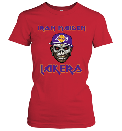 mgzf nba los angeles lakers iron maiden rock band music basketball ladies t shirt 20 front red