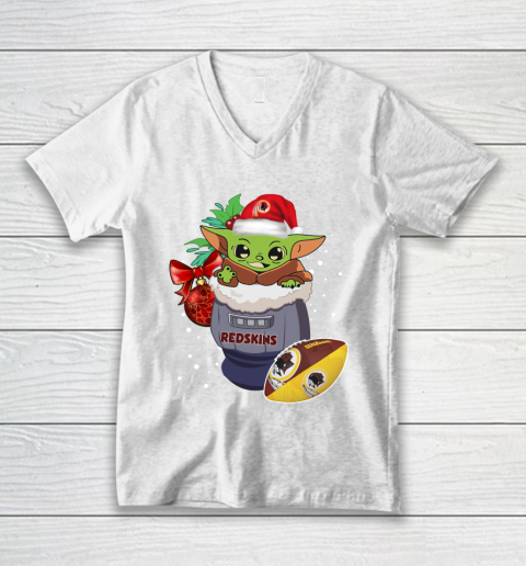 Washington Redskins Christmas Baby Yoda Star Wars Funny Happy NFL V-Neck T-Shirt 2