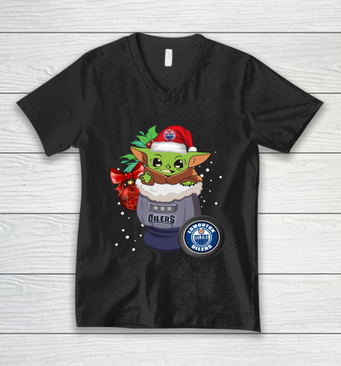 Edmonton Oilers Christmas Baby Yoda Star Wars Funny Happy NHL V-Neck T-Shirt
