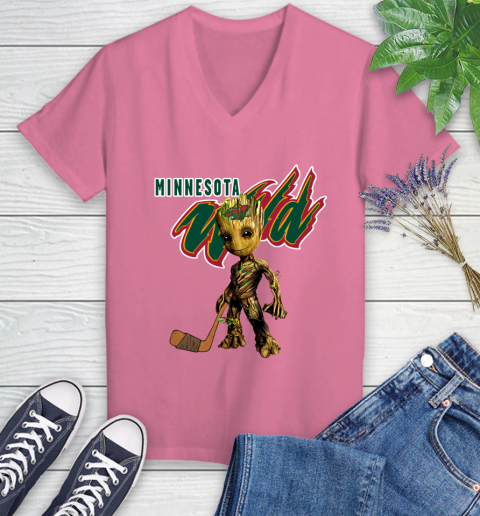 Minnesota Wild NHL Hockey Groot Marvel Guardians Of The Galaxy Women's V-Neck T-Shirt 13