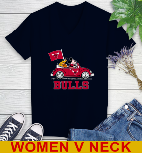NBA Basketball Chicago Bulls Pluto Mickey Driving Disney Shirt Women's V-Neck T-Shirt 3