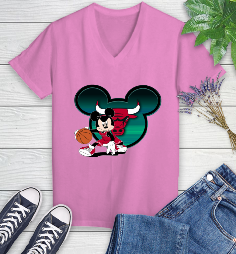 NBA Chicago Bulls Mickey Mouse Disney Basketball Women's V-Neck T-Shirt 14