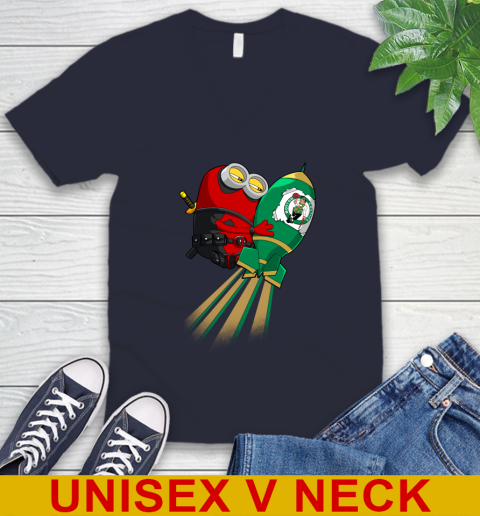 NBA Basketball Boston Celtics Deadpool Minion Marvel Shirt V-Neck T-Shirt 2