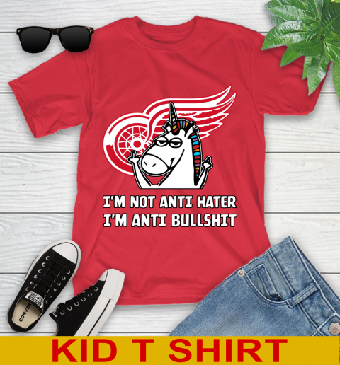 Detroit Red Wings NHL Hockey Unicorn I'm Not Anti Hater I'm Anti Bullshit Youth T-Shirt 10
