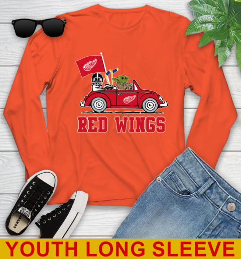 NHL Hockey Detroit Red Wings Darth Vader Baby Yoda Driving Star Wars Shirt Youth Long Sleeve 4