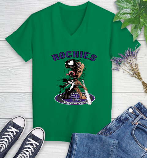 MLB Colorado Rockies Baseball Venom Groot Guardians Of The Galaxy Women's V-Neck T-Shirt 5