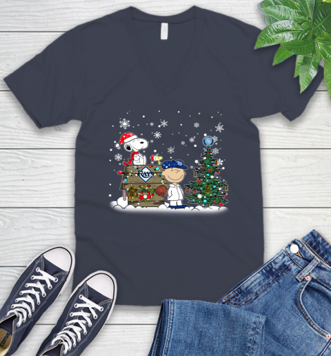 MLB Tampa Bay Rays Snoopy Charlie Brown Christmas Baseball Commissioner's Trophy V-Neck T-Shirt 8