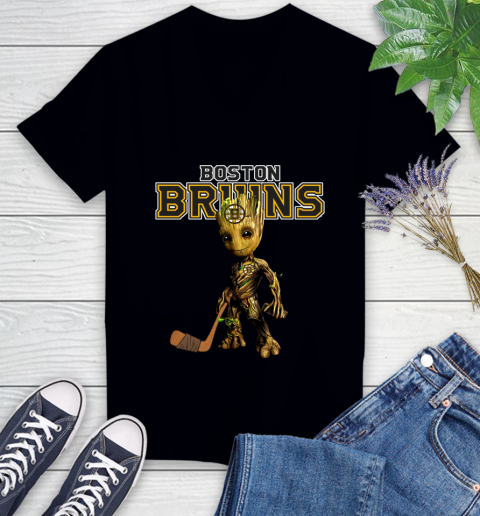 Boston Bruins NHL Hockey Groot Marvel Guardians Of The Galaxy Women's V-Neck T-Shirt 2