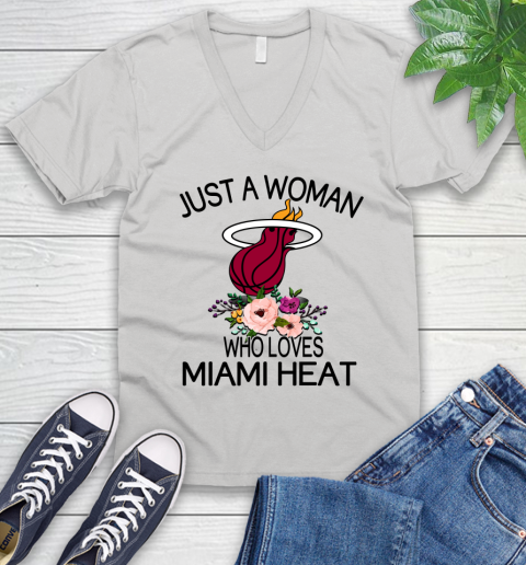 NBA Just A Woman Who Loves Miami Heat Basketball Sports V-Neck T-Shirt