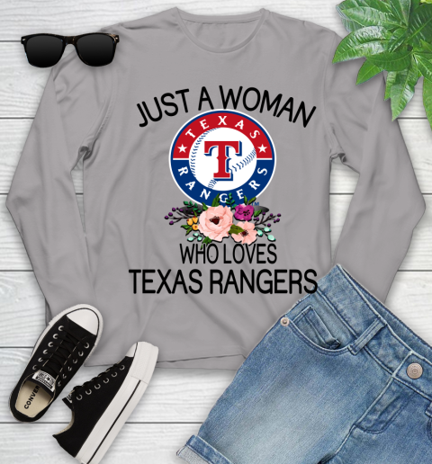 MLB Just A Woman Who Loves Texas Rangers Baseball Sports Youth Long Sleeve 3