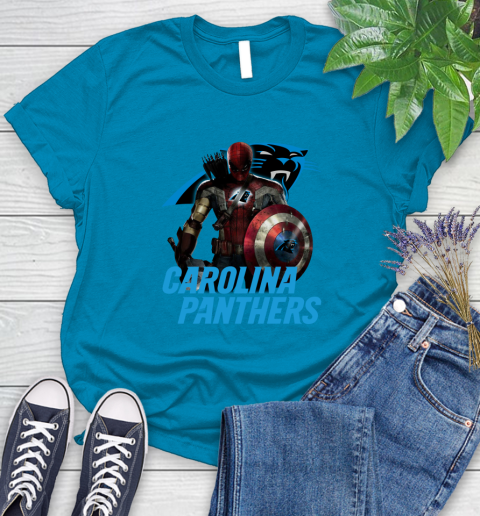 NFL Captain America Thor Spider Man Hawkeye Avengers Endgame Football Carolina Panthers Women's T-Shirt 7