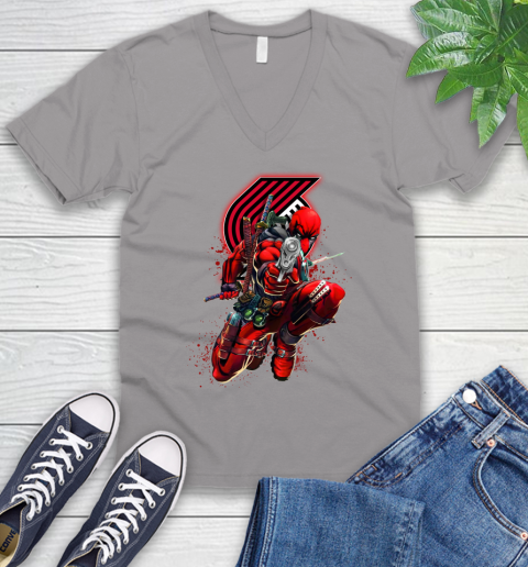 NBA Deadpool Marvel Comics Sports Basketball Portland Trail Blazers V-Neck T-Shirt 4