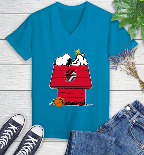 Portland Trail Blazers NBA Basketball Snoopy Woodstock The Peanuts Movie Women's V-Neck T-Shirt 8 Portland Trail Blazers NBA Basketball Snoopy Woodstock The Peanuts Movie Women's V-Neck T-Shirt - Image 8