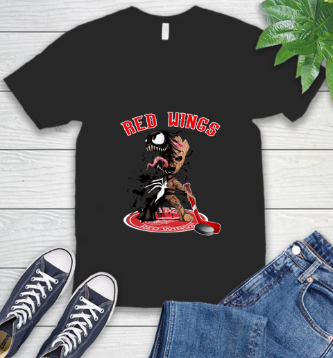 NHL Detroit Red Wings Hockey Venom Groot Guardians Of The Galaxy V-Neck T-Shirt 2