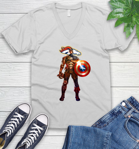 NFL Captain America Marvel Avengers Endgame Football Sports Denver Broncos V-Neck T-Shirt