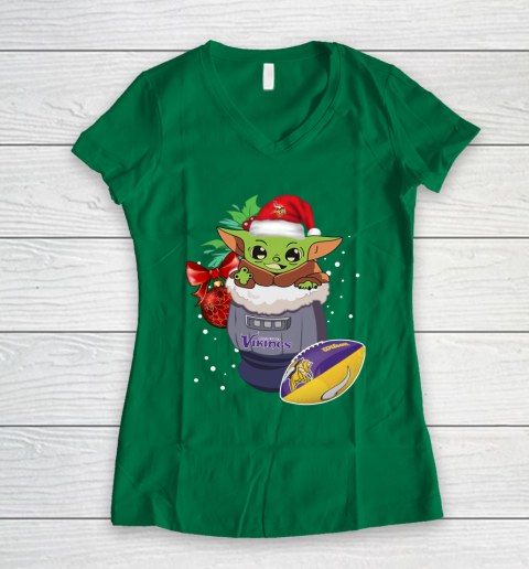 Minnesota Vikings Christmas Baby Yoda Star Wars Funny Happy NFL Women's V-Neck T-Shirt 5