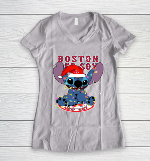 Boston Red Sox MLB noel stitch Baseball Christmas Women's V-Neck T-Shirt