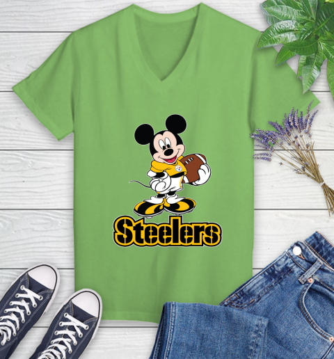 NFL Football Pittsburgh Steelers Cheerful Mickey Mouse Shirt Women's V-Neck T-Shirt 9