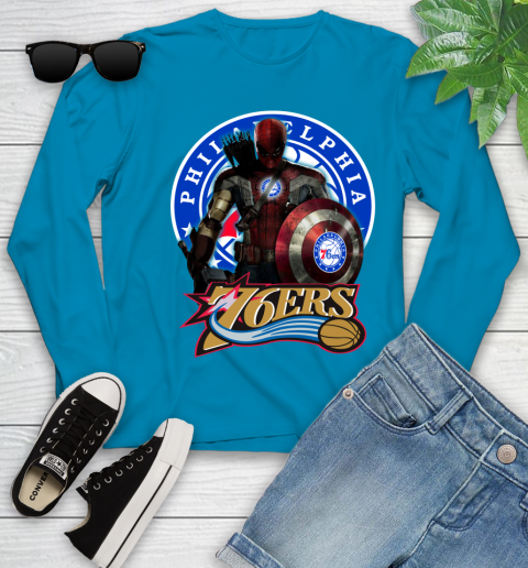 Philadelphia 76ers NBA Basketball Captain America Thor Spider Man Hawkeye Avengers (1) Youth Long Sleeve 7